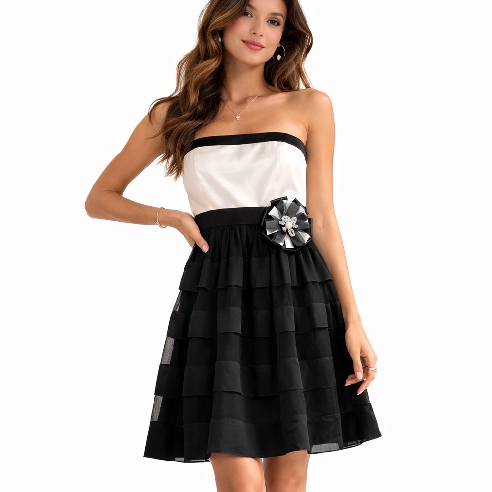 White House Black‎ Market Strapless Silk Cocktail Dress Black Ivory Size 0